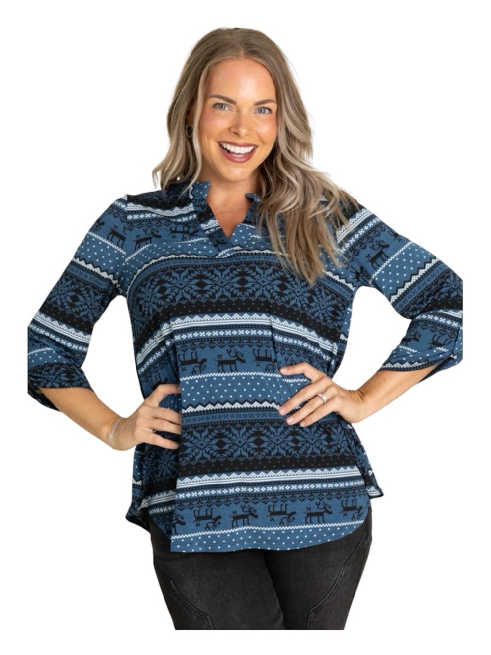 Dear Scarlett Lizzy Wrinkle Free Blue Split Neck Tunic Top with Reindeer Motif